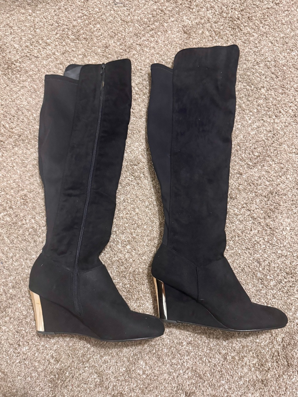 Black Suede Knee-High Wedge Boots